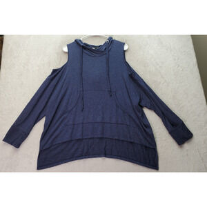 Sen Hoodie‎ Womens One Size Blue High Low Slit Cold Shoulder Sleeve Drawstring